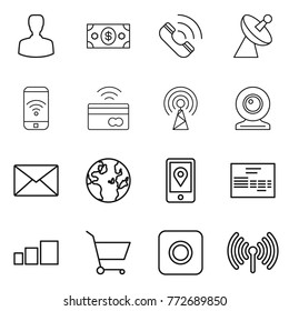 Thin line icon set : man, money, call, satellite antenna, phone wireless, tap to pay, web cam, mail, globe, mobile location, invoice, sorting, cart, ring button