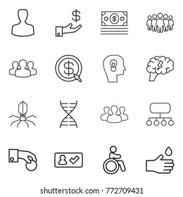 Thin line icon set : man, investment, money, team, group, dollar arrow, bulb head, brain, virus, dna, structure, hand coin, check in, invalid, drop