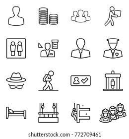 Thin line icon set : man, coin stack, group, courier, wc, architector, client, security, confidential, tourist, check in, detector, bed, skysrcapers cleaning, skyscrapers, outsource