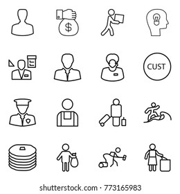 Thin line icon set : man, money gift, courier, bulb head, architector, client, support manager, customs, security, workman, passenger, surfer, pancakes, trash, vacuum cleaner, garbage bin