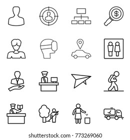 Thin line icon set : man, target audience, hierarchy, dollar magnifier, woman, virtual mask, car pointer, wc, client, customs control, deltaplane, tourist, inspector, garden cleaning, garbage bin