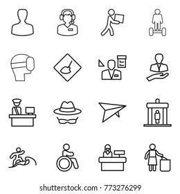 Thin line icon set : man, call center, courier, hoverboard, virtual mask, under construction, architector, client, customs control, confidential, deltaplane, detector, surfer, invalid, reception