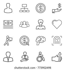 Thin line icon set : man, hierarchy, dollar, investment, money, group, woman, heart, courier, arrow, brain, fingerprint, client, invalid, hand drop