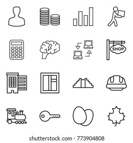 Thin line icon set : man, coin stack, graph, courier, calculator, brain, notebook connect, shop signboard, houses, window, pyramid, building helmet, train, key, eggs, maple leaf