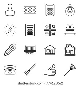 Thin line icon set : man, money, calculator, rocket, lightning, fountain, pencil, truck shipping, home, phone, fork, hand drop, rake