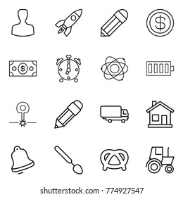 Thin line icon set : man, rocket, pencil, dollar, money, alarm clock, atom, battery, laser, shipping, home, bell, big spoon, pretzel, tractor