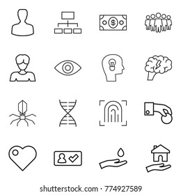 Thin line icon set : man, hierarchy, money, team, woman, eye, bulb head, brain, virus, dna, fingerprint, hand coin, heart, check in, and drop, housing