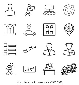 Thin line icon set : man, courier, structure, round around, fingerprint, car pointer, wc, dollar pin, list, stairs, client, security, tourist, check in, inspector, outsource