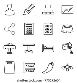 Thin line icon set : man, marker, hierarchy, statistics, molecule, calculator, building, stadium, restaurant, table, bed, mixer, cutting board, watering, hot pepper, hard reach place cleaning