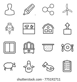 Thin line icon set : man, marker, share, windmill, jet robot, tools, house, baggage, power switch, dresser, colander, fork spoon plate, sheep, apron, wiping, clipboard list