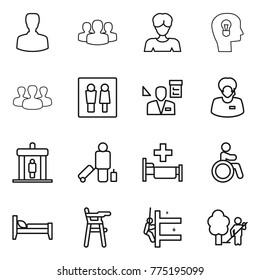 Thin line icon set : man, group, woman, bulb head, wc, architector, support manager, detector, passenger, hospital, invalid, bed, Chair for babies, skyscrapers cleaning, garden