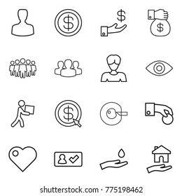 Thin line icon set : man, dollar, investment, money gift, team, group, woman, eye, courier, arrow, cell corection, hand coin, heart, check in, and drop, housing