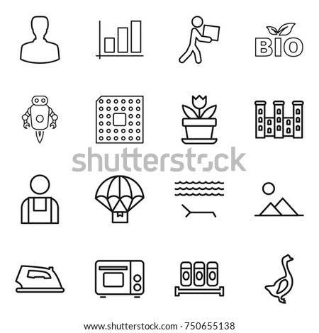 thin line icon set : man, graph, courier, bio, jet robot, cpu, flower, palace, workman, parachute delivery, lounger, landscape, iron, grill oven, spices, goose