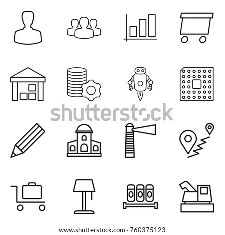 Thin line icon set : man, group, graph, delivery, warehouse, virtual mining, jet robot, cpu, pencil, mansion, lighthouse, route, baggage trolley, floor lamp, spices, harvester