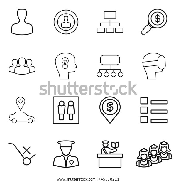 thin line icon set : man, target audience,\
hierarchy, dollar magnifier, group, bulb head, structure, virtual\
mask, car pointer, wc, pin, list, do not trolley sign, security,\
inspector, outsource
