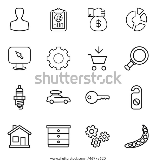 thin\
line icon set : man, report, money gift, circle diagram, monitor\
arrow, gear, add to cart, magnifier, spark plug, car baggage, key,\
do not distrub, home, chest of drawers, gears,\
peas