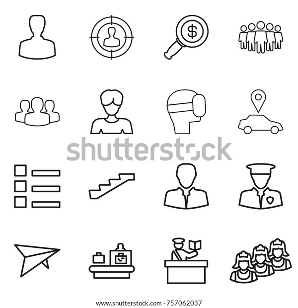 Thin line icon set : man, target audience,\
dollar magnifier, team, group, woman, virtual mask, car pointer,\
list, stairs, client, security, deltaplane, baggage checking,\
inspector, outsource