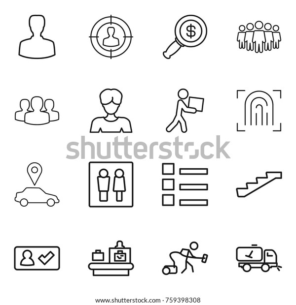 Thin line icon set : man, target audience,\
dollar magnifier, team, group, woman, courier, fingerprint, car\
pointer, wc, list, stairs, check in, baggage checking, vacuum\
cleaner, home call\
cleaning