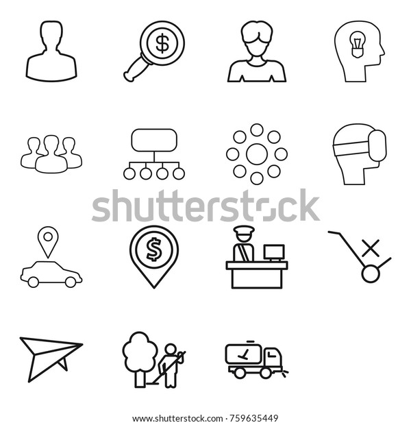 Thin line icon set : man, dollar magnifier,
woman, bulb head, group, structure, round around, virtual mask, car
pointer, pin, customs control, do not trolley sign, deltaplane,
garden cleaning