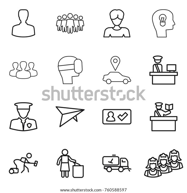 Thin line icon set : man, team, woman, bulb\
head, group, virtual mask, car pointer, customs control, security,\
deltaplane, check in, inspector, vacuum cleaner, garbage bin, home\
call cleaning
