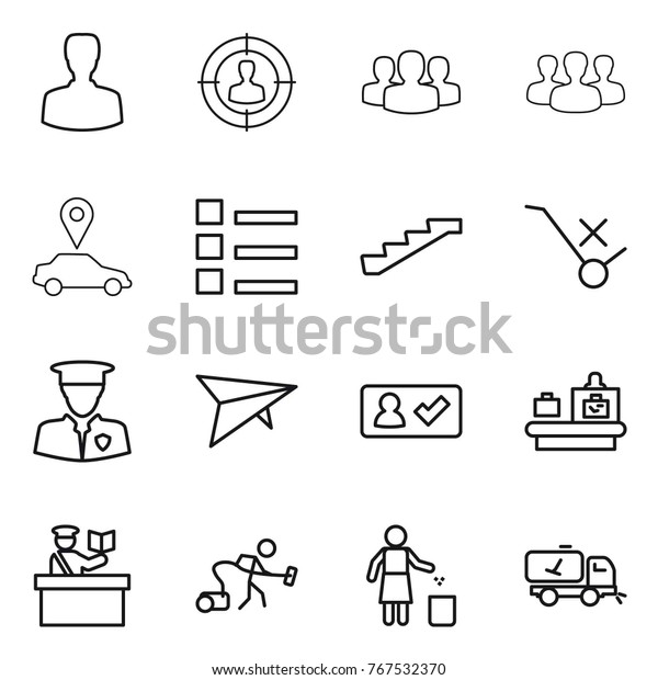 Thin line icon set : man, target audience, group, car\
pointer, list, stairs, do not trolley sign, security, deltaplane,\
check in, baggage checking, inspector, vacuum cleaner, garbage\
bin