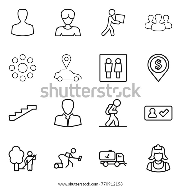 Thin line icon set :\
man, woman, courier, group, round around, car pointer, wc, dollar\
pin, stairs, client, tourist, check in, garden cleaning, vacuum\
cleaner, home call