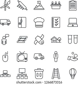 Thin Line Icon Set - manager vector, speaking man, mouse, notebook pc, ladder, blood test vial, satellite, car delivery, clipboard, checklist, meeting, paper tray, house with tree, fridge, tv