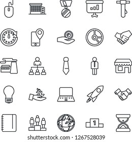 Thin Line Icon Set - manager vector, handshake, hierarchy, pedestal, medal, mouse, notebook pc, notepad, tie, bulb, factory, circle chart, mobile tracking, office building, palm sproute, rocket