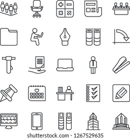 Thin Line Icon Set - manager vector, mobile phone, book, calculator, team, tie, crisis graph, document, monitor pulse, medical calendar, paper pin, folder, notes, office building, news, ink pen