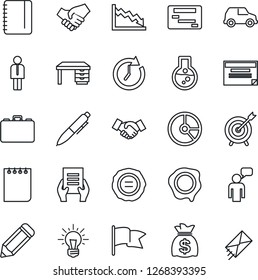 Thin Line Icon Set - manager vector, handshake, speaking man, case, desk, pen, notepad, money bag, document, pencil, circle chart, stamp, target, clock, crisis, idea, flask, flag, car, schedule