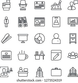 Thin Line Icon Set - manager vector, speaking man, case, office binder, presentation board, coffee, place, circle chart, medical calendar, user, notes, monitor statistics, building, identity card