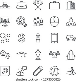 Thin Line Icon Set - manager vector, mobile phone, speaking man, gear, office building, dollar sign, case, pedestal, pennant, team, document search, graduate, mouse, statistic monitor, pencil, clock