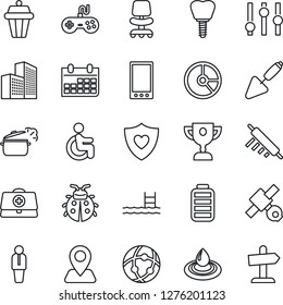 Thin Line Icon Set - manager vector, office chair, calendar, circle chart, trowel, lady bug, doctor case, heart shield, disabled, implant, navigation, satellite, gamepad, settings, battery, mobile