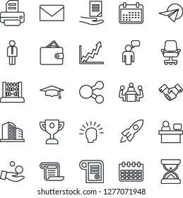 Thin Line Icon Set - manager vector, handshake, speaking man, mail, graduate, abacus, document, place, calendar, printer, meeting, shining head, rocket, wallet, growth graph, office chair, award cup
