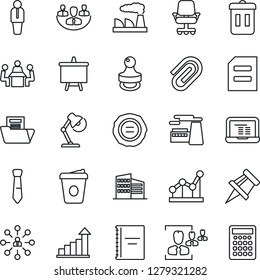 Thin Line Icon Set - manager vector, growth statistic, hierarchy, notebook pc, document, presentation board, coffee, factory, stamp, copybook, company, drawing pin, paper clip, folder, hr, desk lamp