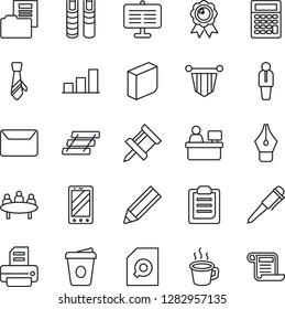 Thin Line Icon Set - manager vector, mobile phone, pennant, medal, pen, coffee, meeting, place, printer, clipboard, presentation board, drawing pin, bar graph, document folder, search, ink, tie