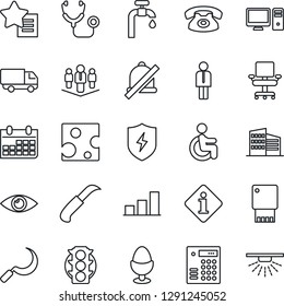 Thin Line Icon Set - manager vector, calendar, sickle, garden knife, stethoscope, disabled, eye, traffic light, car delivery, favorites list, protect, mute, bar graph, office chair, company, phone