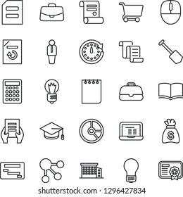Thin Line Icon Set - manager vector, contract, book, case, graduate, mouse, notebook pc, notepad, document, money bag, bulb, job, reload, circle chart, office building, clock, cart, calculator