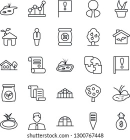 Thin Line Icon Set - manager vector, contract, seedling, plant label, greenhouse, pond, fertilizer, important flag, application, point graph, house with tree, fruit, estate agent, eco, money bag