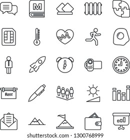 Thin Line Icon Set - manager vector, team, pen, heart pulse, run, clock, equalizer, video camera, dialog, mail, alarm, sim, brightness, application, mountains, rent, menu, omelette, serviette