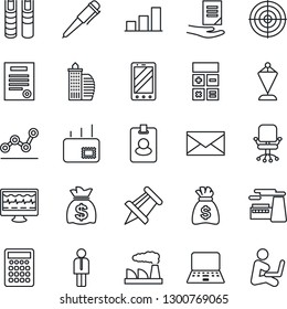 Thin Line Icon Set - manager vector, mobile phone, mail, office chair, calculator, pennant, pen, notebook pc, money bag, document, drawing pin, factory, monitor pulse, bar graph, point, target, book