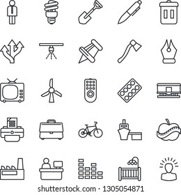 Thin Line Icon Set - manager vector, pen, place, printer, shovel, axe, pills blister, bike, diet, route, sea port, railroad, tv, equalizer, paper pin, case, ink, children room, factory, trash bin