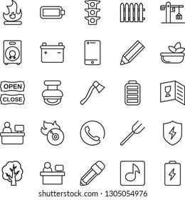 Thin Line Icon Set - manager place vector, farm fork, fence, tree, fire, axe, traffic light, flame disk, cell phone, speaker, battery, protect, music, pencil, stamp, crane, wine card, salad