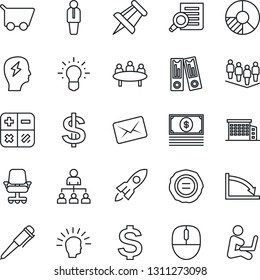 Thin Line Icon Set - manager vector, hierarchy, dollar sign, calculator, team, office binder, document search, mouse, pen, brainstorm, meeting, drawing pin, circle chart, stamp, building, rocket