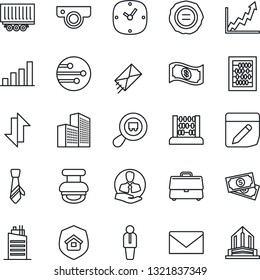 Thin Line Icon Set - manager vector, mail, abacus, stamp, cash, client, truck trailer, search cargo, clock, network, notes, data exchange, case, office building, bar graph, tie, city house, growth