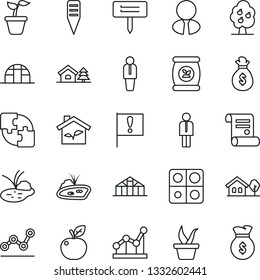 Thin Line Icon Set - manager vector, contract, seedling, plant label, greenhouse, pond, fertilizer, important flag, application, point graph, house with tree, fruit, estate agent, apple, eco