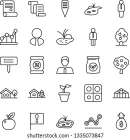 Thin Line Icon Set - manager vector, contract, seedling, plant label, greenhouse, pond, fertilizer, important flag, application, point graph, house with tree, fruit, estate agent, apple, money bag