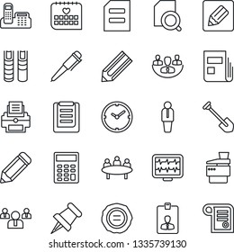 Thin Line Icon Set - manager vector, identity card, team, pen, document, meeting, job, pencil, stamp, monitor pulse, medical calendar, clipboard, paper pin, notes, company, clock, news, search, book