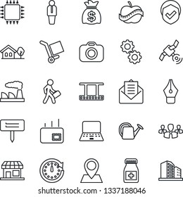 Thin Line Icon Set - manager vector, notebook pc, money bag, factory, watering can, plant label, pills bottle, diet, pin, cargo, shield, film frame, camera, satellite, mail, ink pen, house with tree