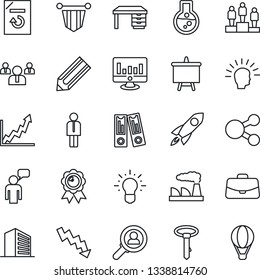 Thin Line Icon Set - manager vector, speaking man, office building, case, pedestal, pennant, team, binder, medal, desk, presentation board, crisis graph, factory, statistic monitor, document reload
